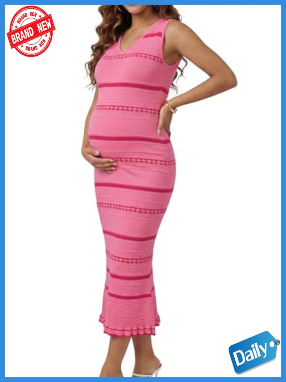 Silky Viscose Stretchy Striped Bodycon Midi Maternity Dress